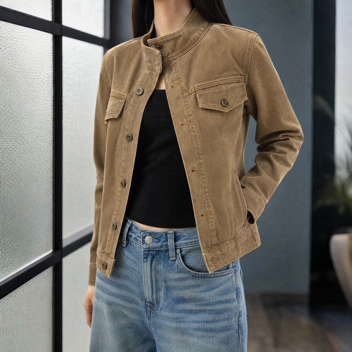 Utility Jacket Denim with Asymmetric Button Front and Stand Collar