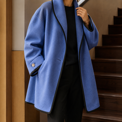 Coat Wool Blend Oversized with Shawl Collar and Contrast Piped Edging