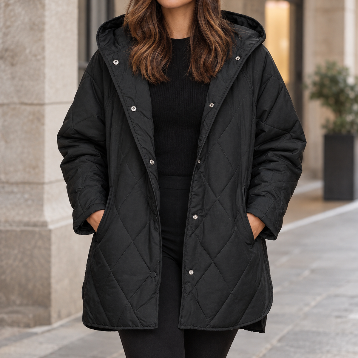 Hooded Quilted Jacket Polyester Diamond Stitching with Snap Front