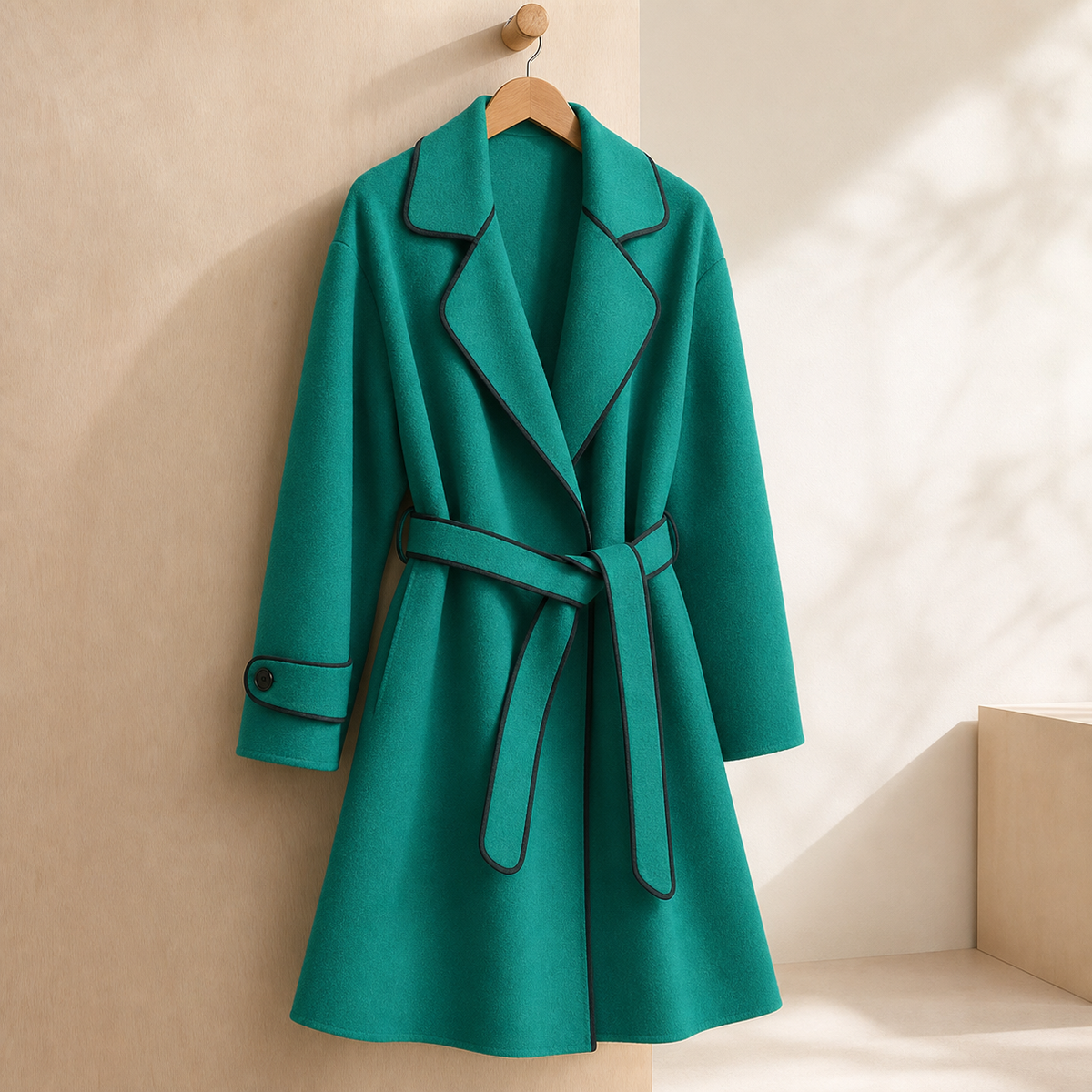 Coat Cashmere-Feel Brushed Polyester Wrap with Contrast Piping