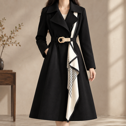 Overcoat Polyester Longline with Ring-Buckle Belt and Contrast Panel