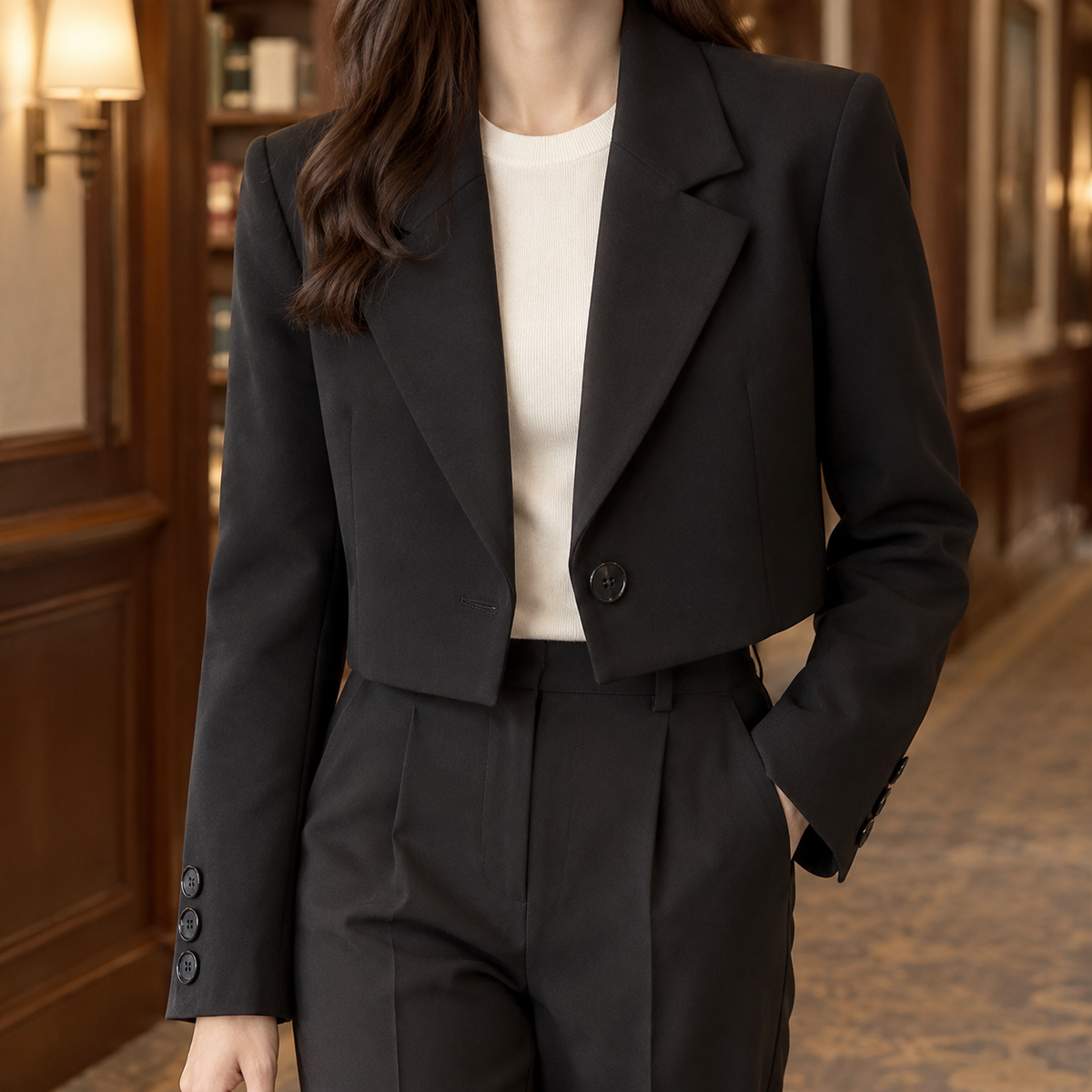 Blazer Polyester Cropped Tailored with Broad Notched Lapels