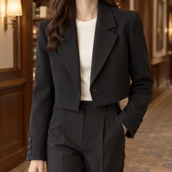 Blazer Polyester Cropped Tailored with Broad Notched Lapels