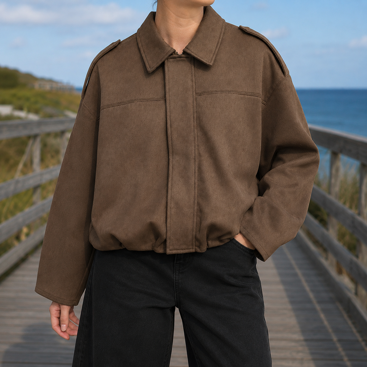Bomber Jacket Faux Suede Oversized with Concealed Zip and Epaulettes
