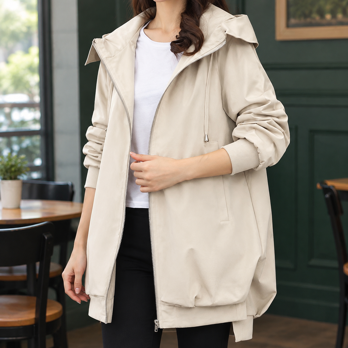 Hooded Jacket Polyester Relaxed Mid-Length with Full Zip and Drawcord