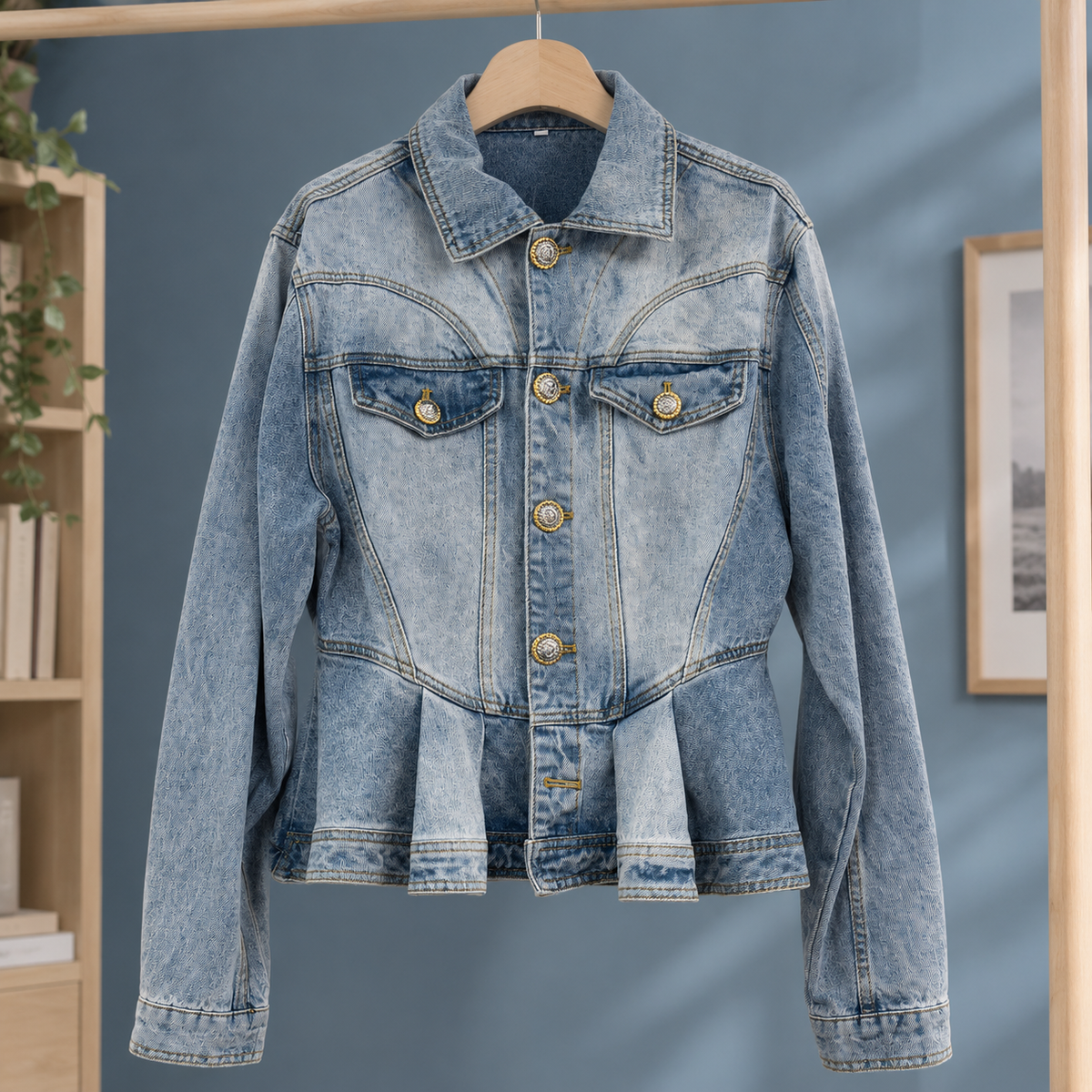 Denim Jacket Peplum Cropped with Pleated Hem and Flap Pockets
