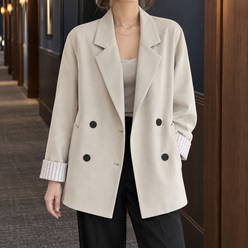 Blazer Cotton Blend Relaxed Double-Breasted with Striped Cuffs