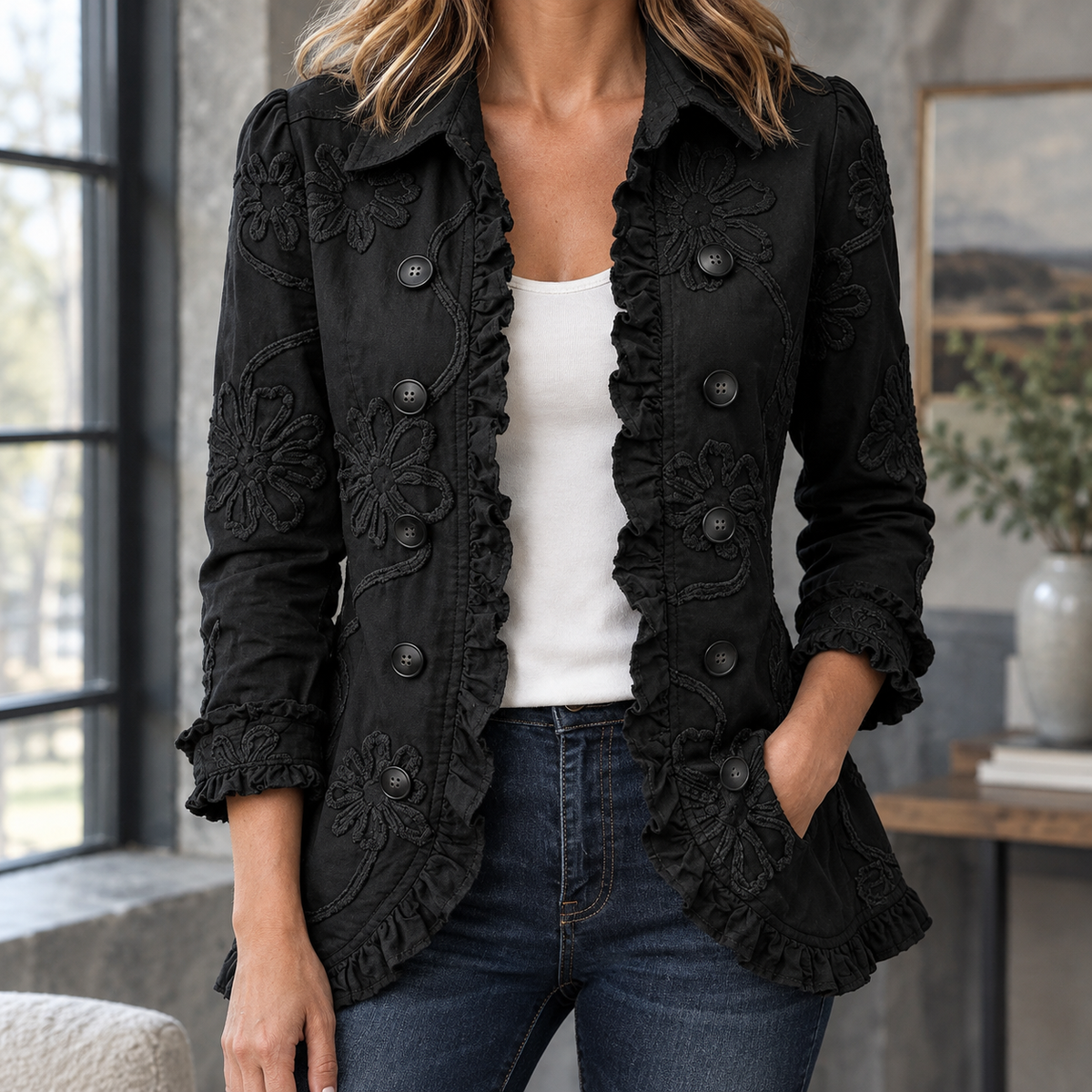 Jacket Polyester Fitted with Floral Appliqué, Twin Buttons and Ruffles