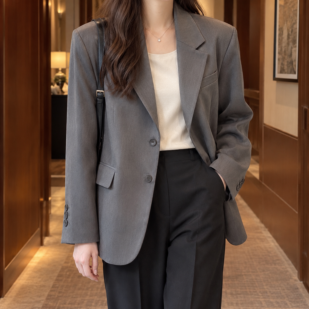 Blazer Polyester Short Tailored with Notched Lapels and Two Buttons