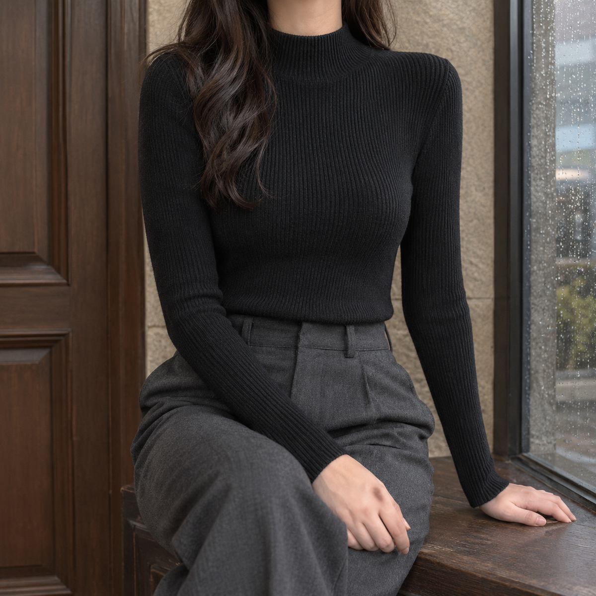 Fine Vertical Rib Close-Fitting Jumper