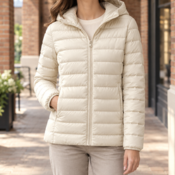 Quilted Jacket Cashmere-Feel Slim Hip-Length with Fixed Padded Hood