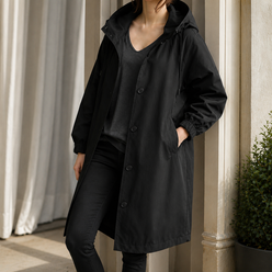 Hooded Overcoat Polyester Sweeping Longline with Angled Pockets