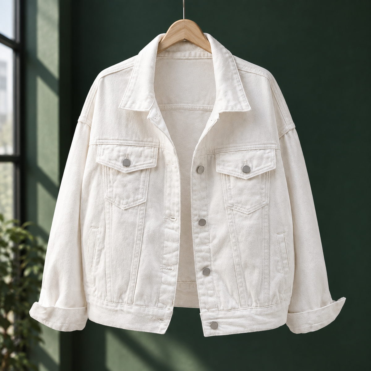 Denim Jacket Cotton Blend Relaxed with Four Pockets and Turned Cuffs