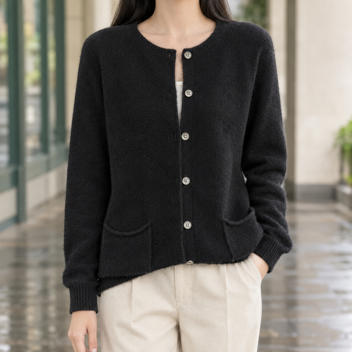 Cardigan with Curved Patch Pockets