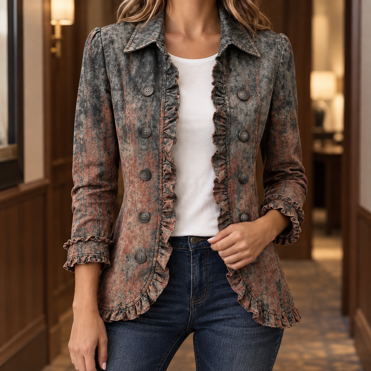 Ruffle Jacket Polyester Mottled Gradient Wash with Button Front