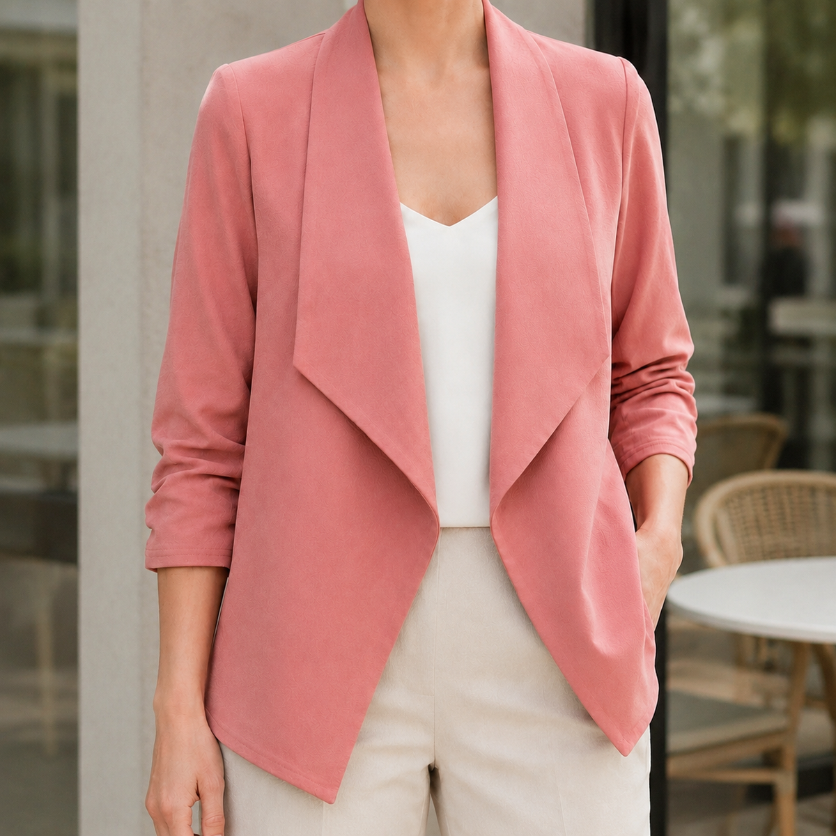Blazer Polyester Draped Collarless with Open Front, Gathered Sleeves