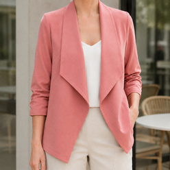 Blazer Polyester Draped Collarless with Open Front, Gathered Sleeves