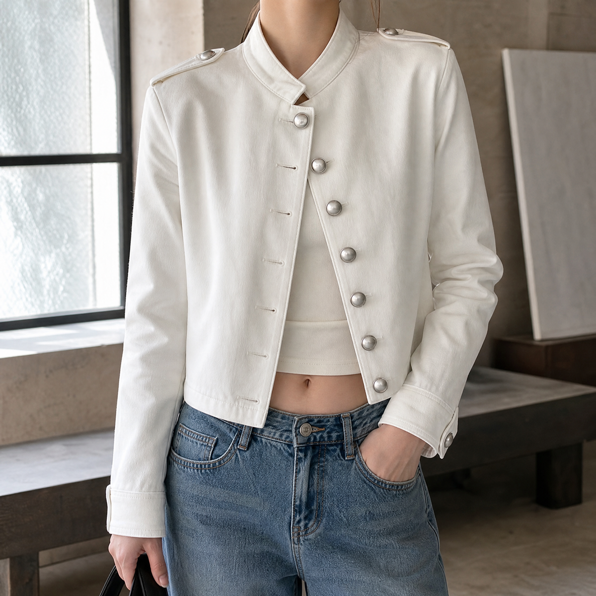 Military Jacket Cotton-Blend Denim Cropped with Epaulettes