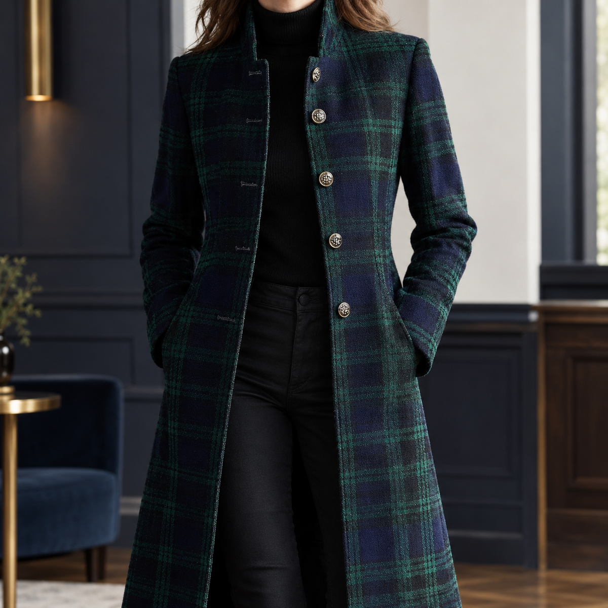 Coat Polyester Plaid Longline Flared with Stand Collar and Buttons