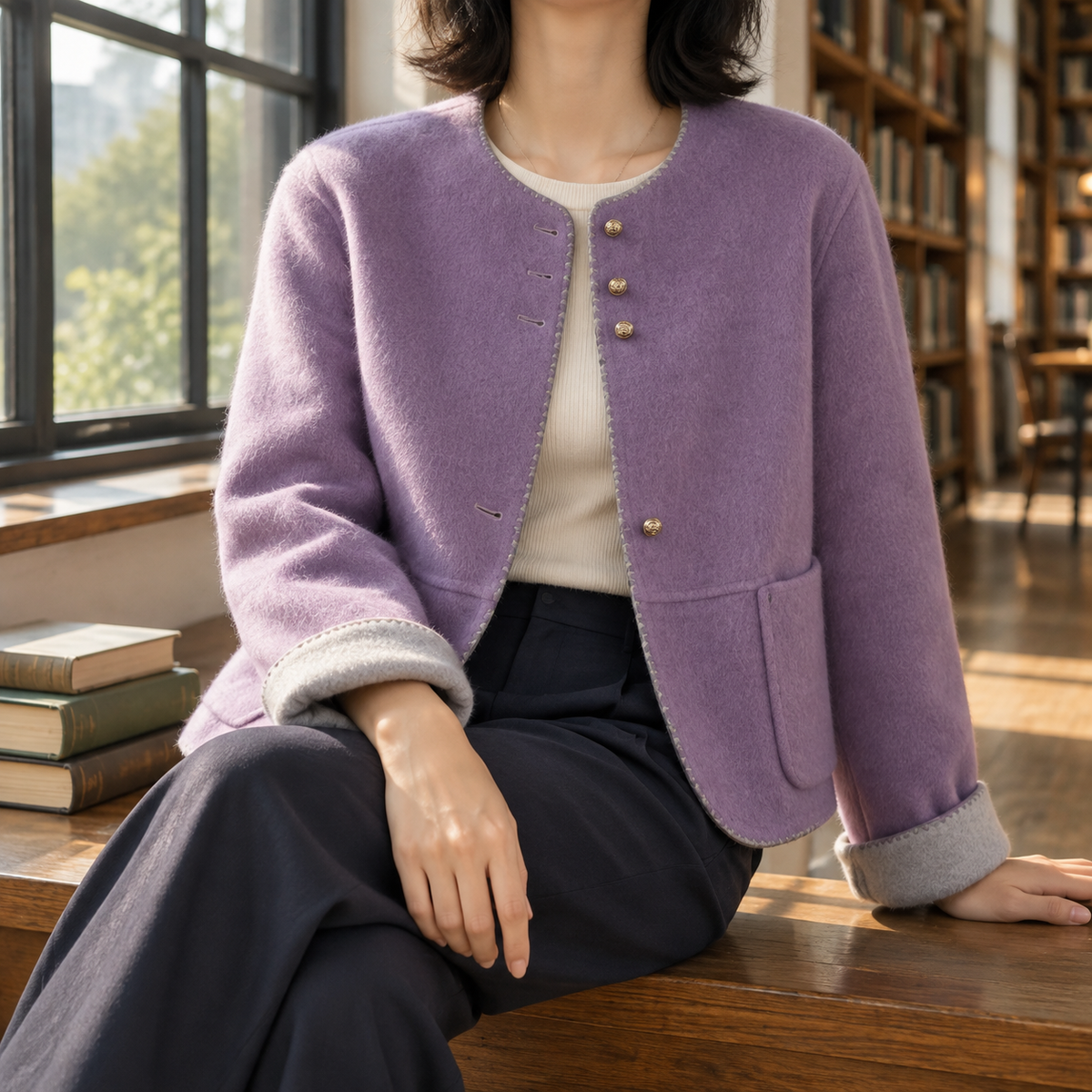 Jacket Wool Relaxed Hip-Length with Contrast Cuffs and Round Neckline