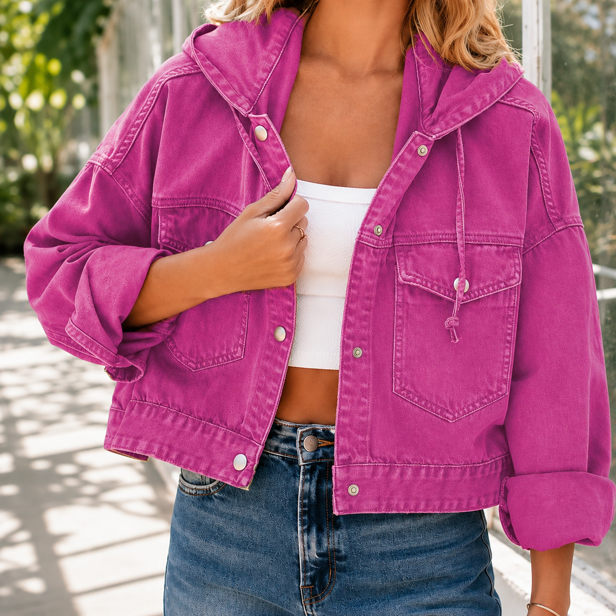 Hooded Jacket Washed Cotton Blend with Studded Front and Drawstring