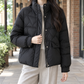 Quilted Jacket Duck Down Waist-Length with Stand Collar, Flap Pockets