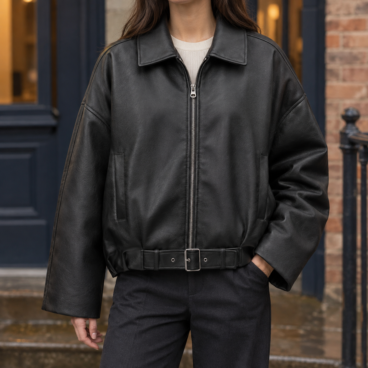 Jacket Faux Leather Belted with Zip Front and Buckled Hem