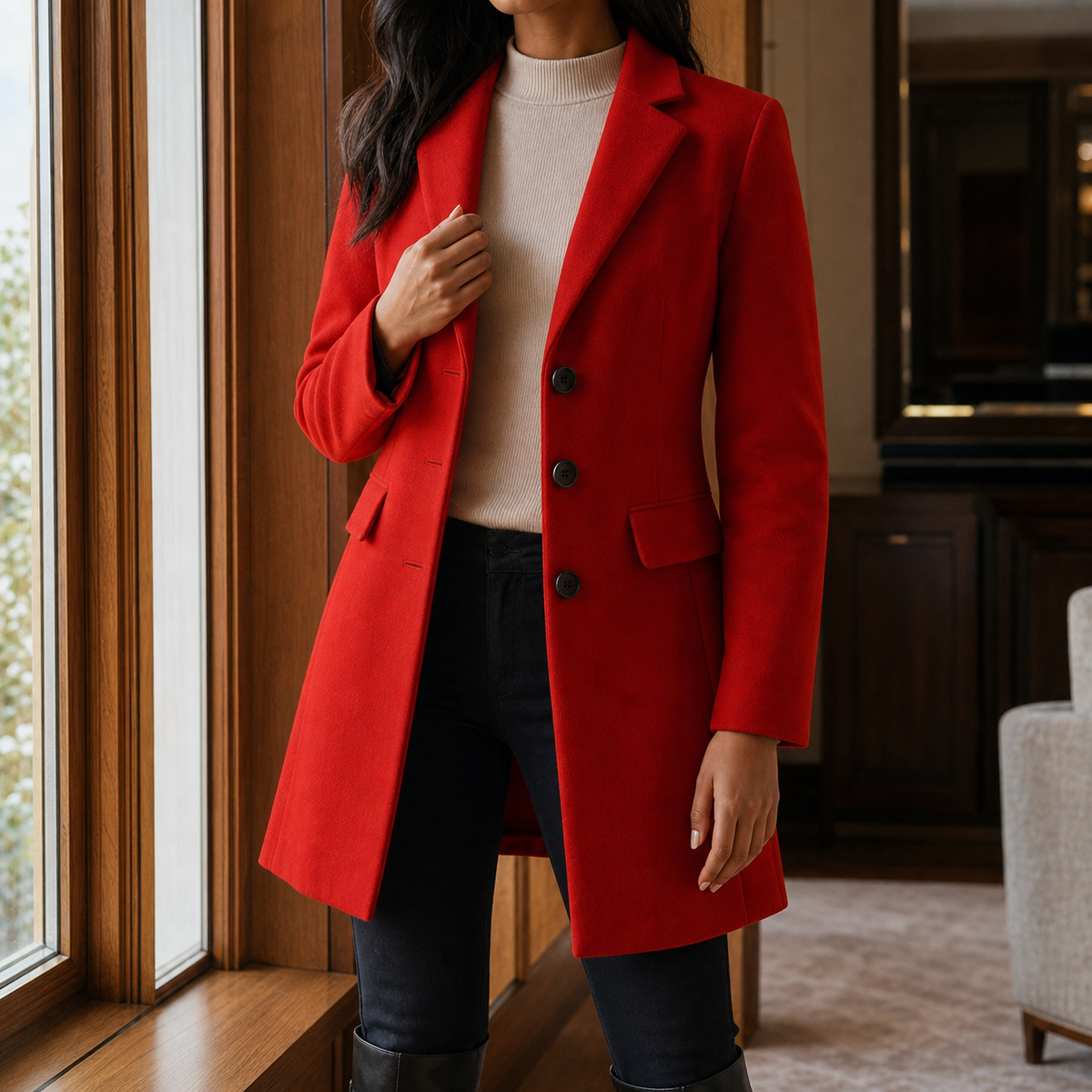 Coat Wool Blend Tailored Fitted Flared with Notched Lapels