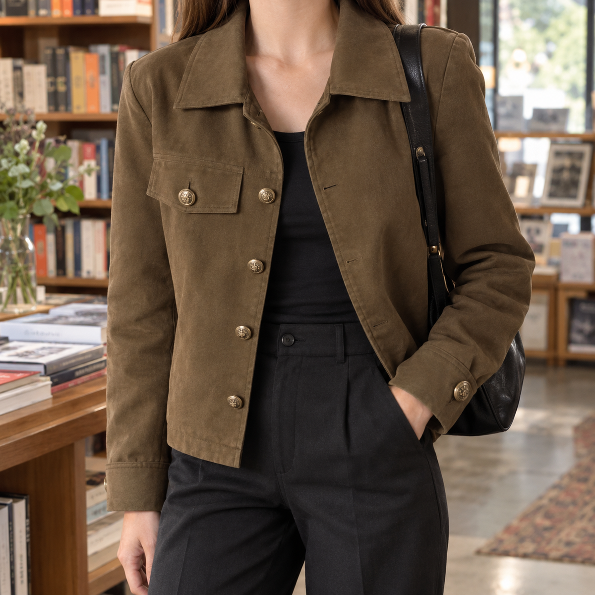 Cropped Jacket Polyester Structured with Pointed Collar, Chest Pocket
