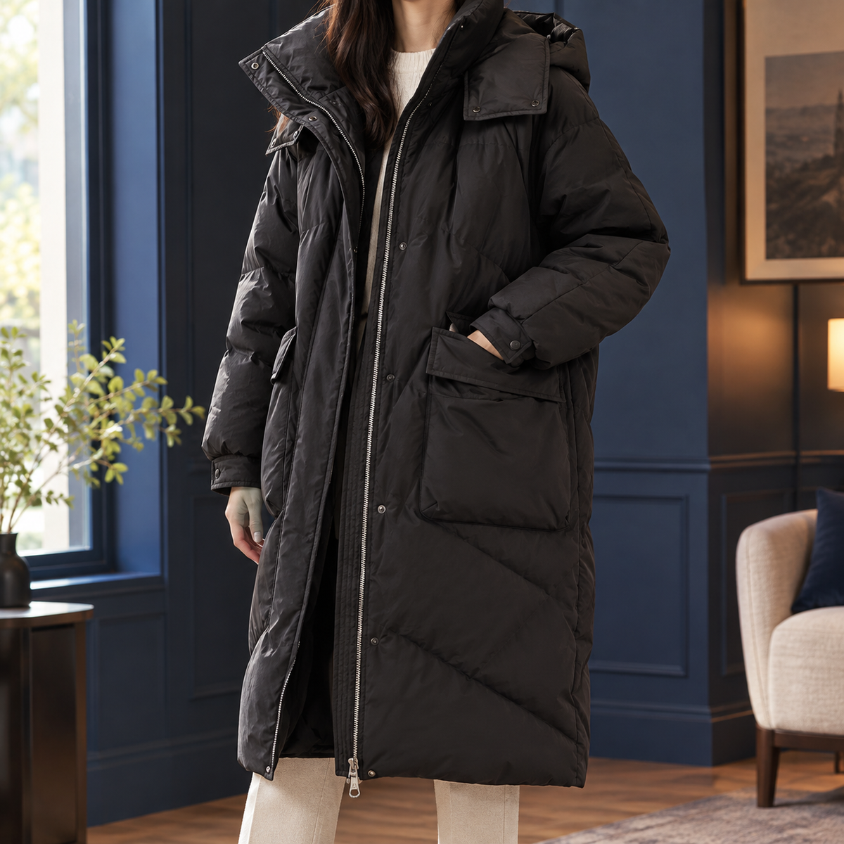 Quilted Jacket Polyester Longline with Hooded Collar and Flap Pockets