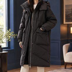 Quilted Jacket Polyester Longline with Hooded Collar and Flap Pockets
