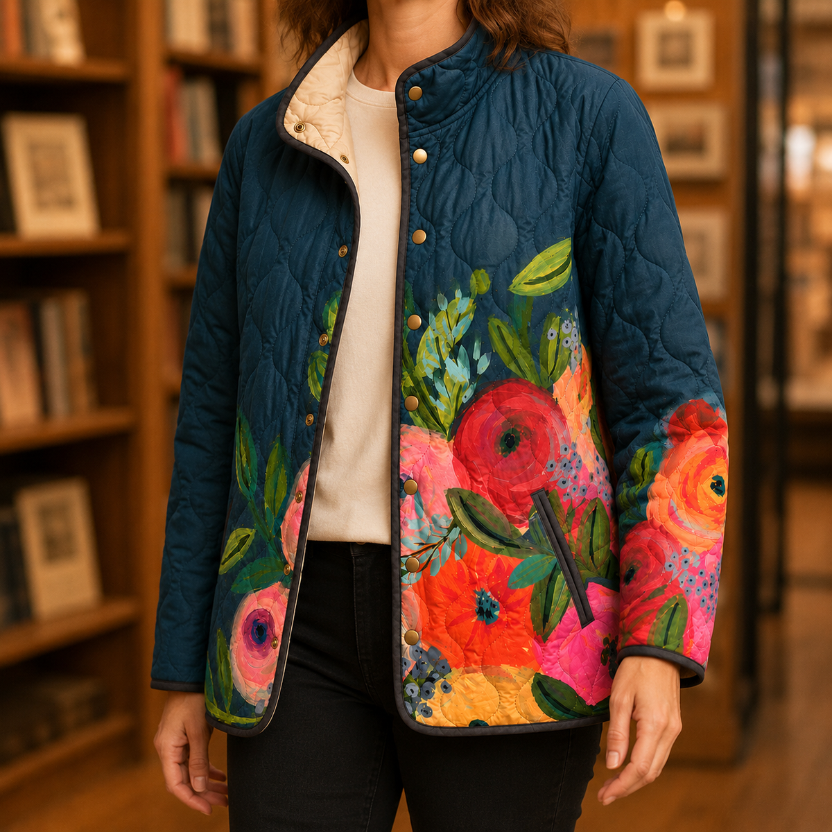 Jacket Polyester Floral Print Quilted with Padded Stand Collar