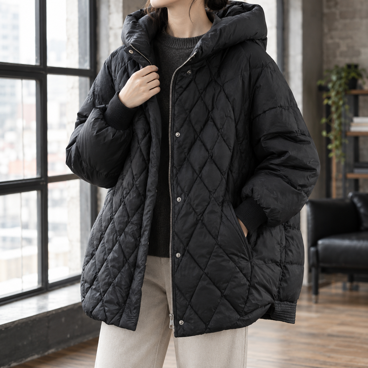 Quilted Jacket White Duck Down Oversized with Generous Hood and Zip