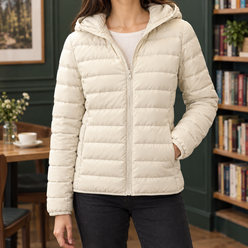 Puffer Jacket Cashmere-Feel with Hood, Down Filling and Full Zip