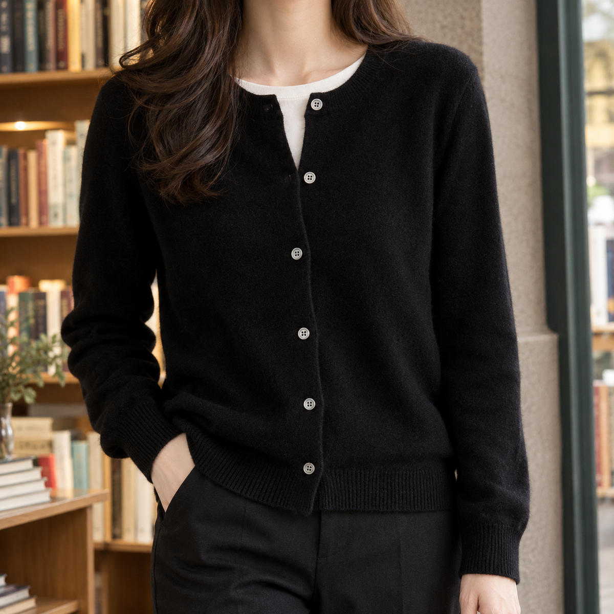 Fine Knit Crew Neck Cardigan