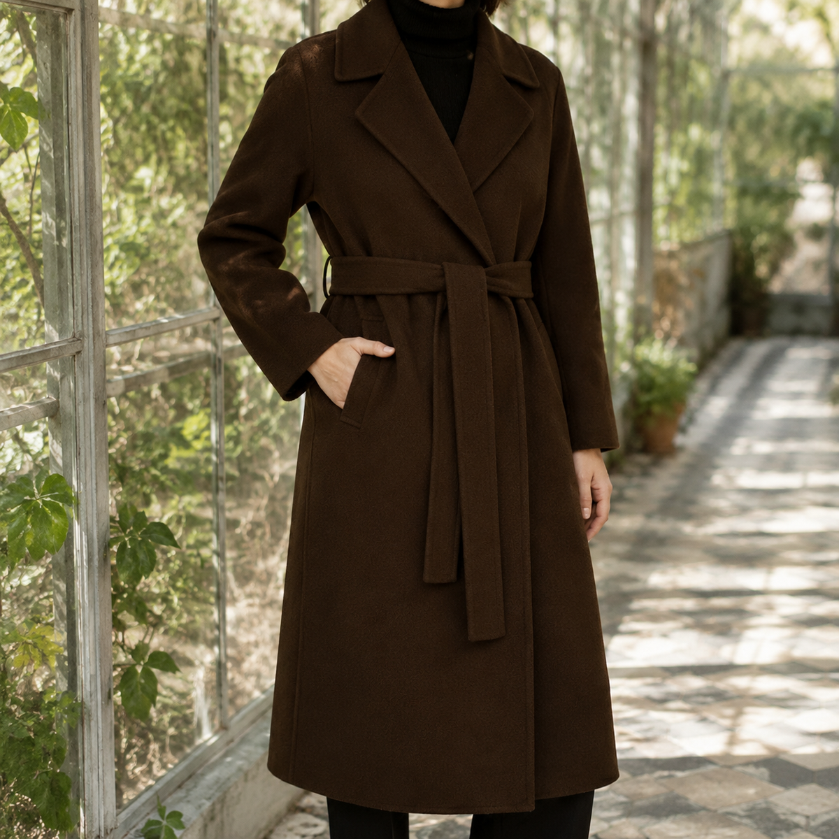 Overcoat Wool Blend Belted Longline with Classic Notched Lapels