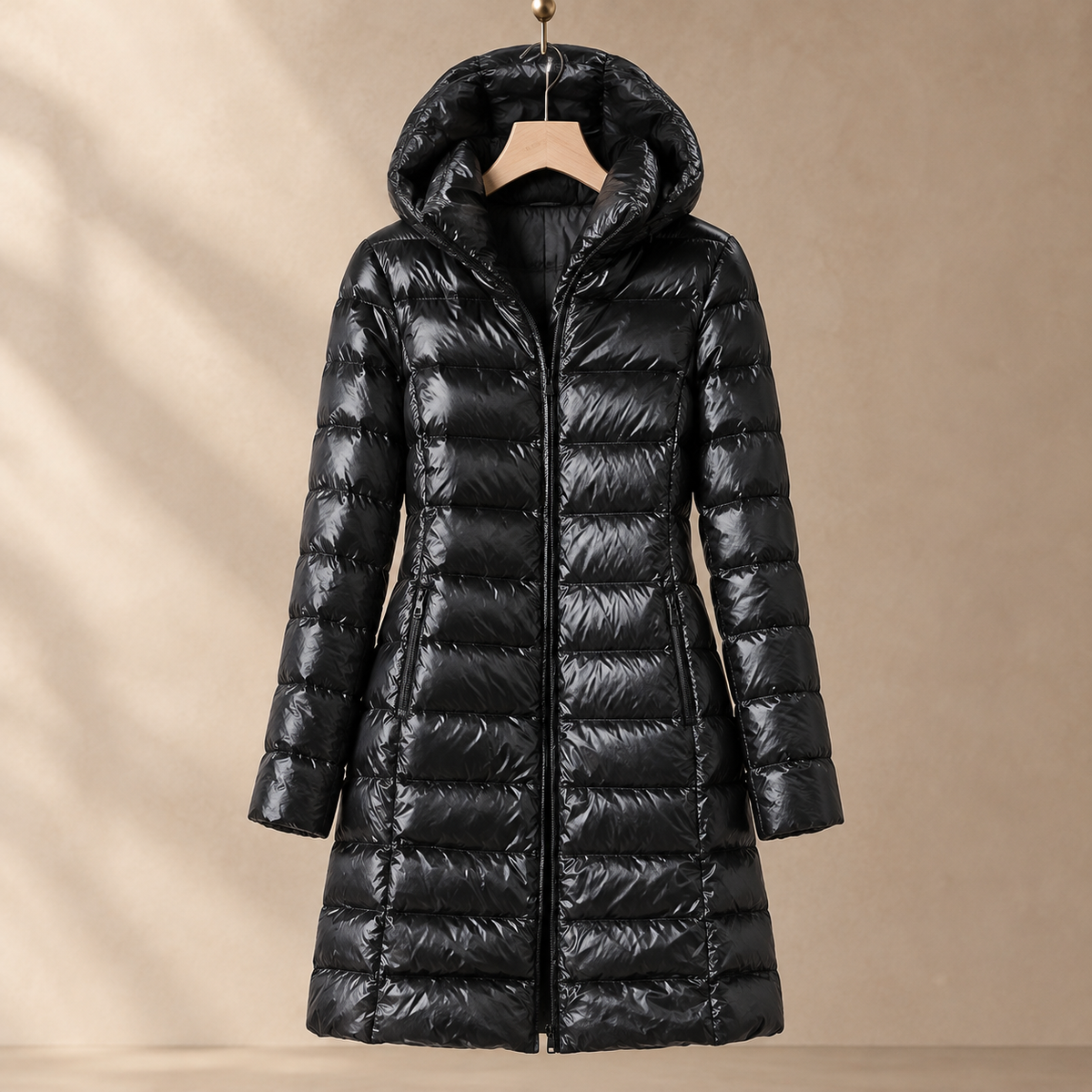 Jacket Duck Down Quilted Slim Mid-Length with Padded Hood and Zip