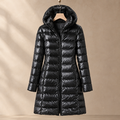 Jacket Duck Down Quilted Slim Mid-Length with Padded Hood and Zip