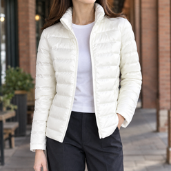 Puffer Jacket Cashmere-Feel Slim with Horizontal Quilting and Zip