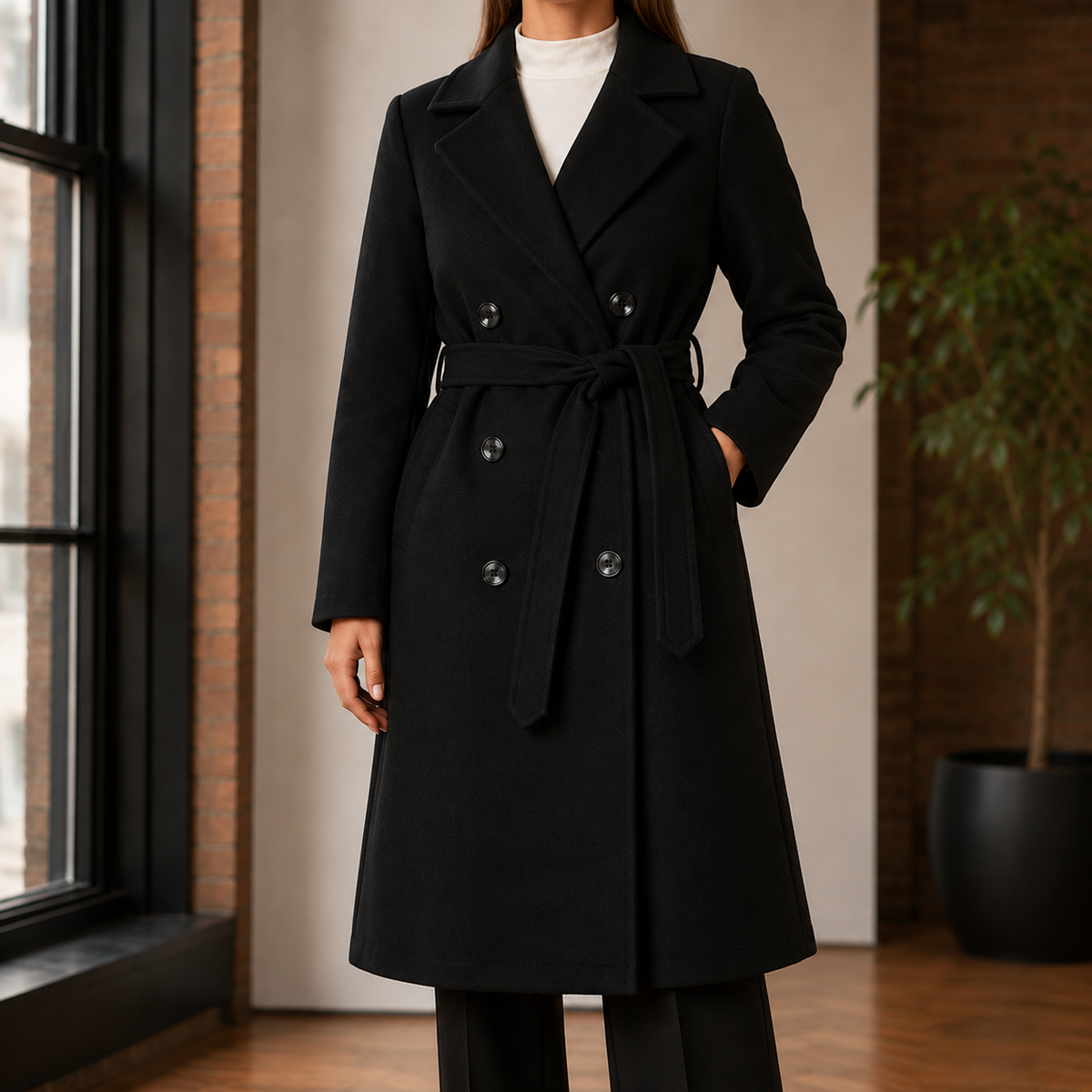 Overcoat Polyester Double-Breasted Midi with Self-Tie Waist Belt