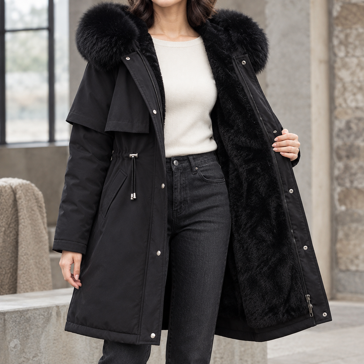 Hooded Coat Cotton Fill Longline with Plush Lining and Zip and Snap