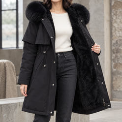 Hooded Coat Cotton Fill Longline with Plush Lining and Zip and Snap