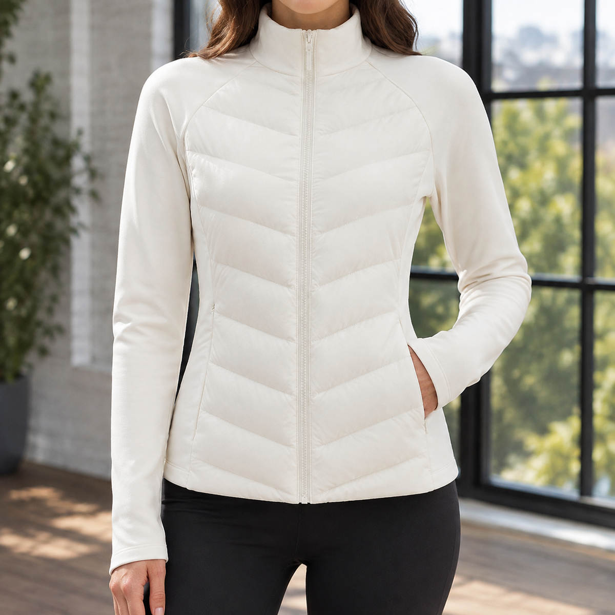 Quilted Jacket Polyester Chevron Quilting with Stand Collar and Zip