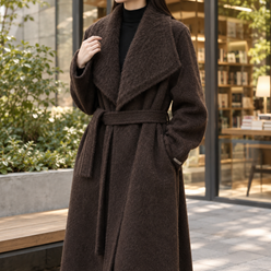 Coat Wool Blend Belted Longline with Oversized Shawl Collar