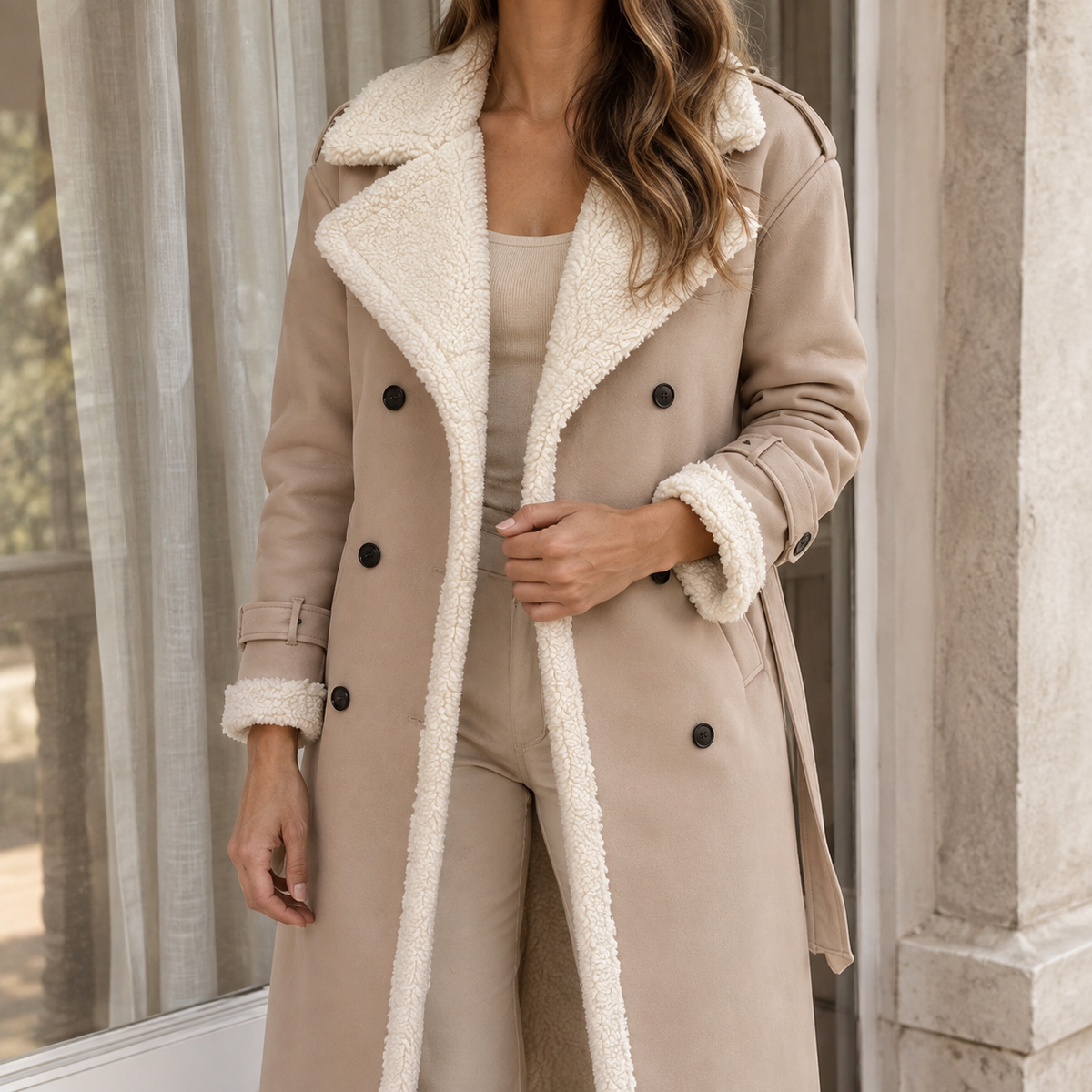 Coat Faux Leather Longline with Faux Shearling Trim and Matching Belt