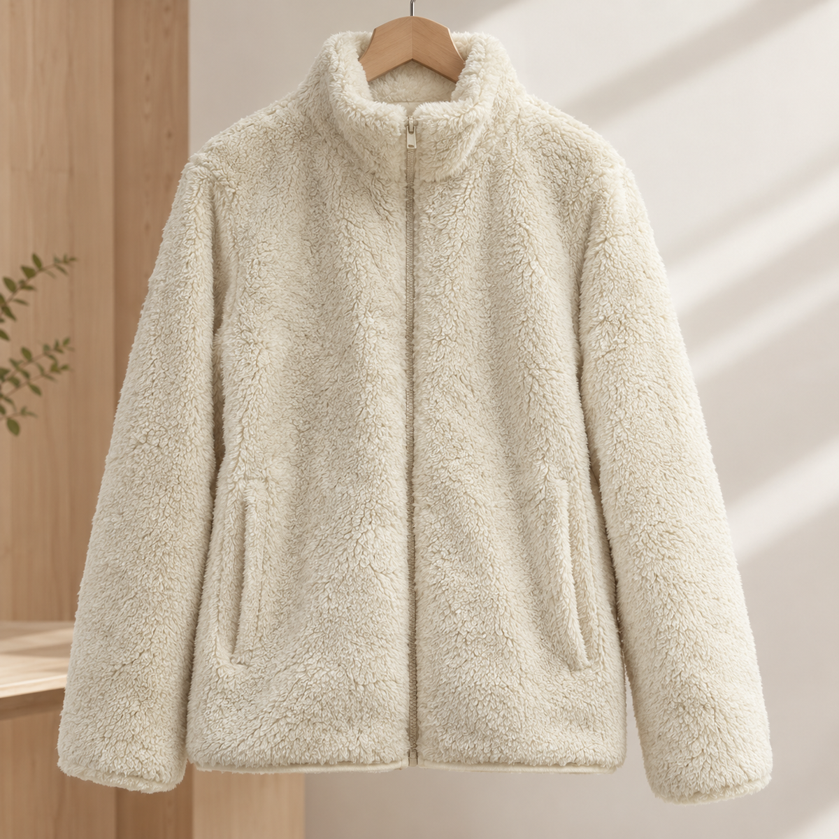 Zip Jacket Polyester Plush Textured with Stand Collar and Hand Pockets