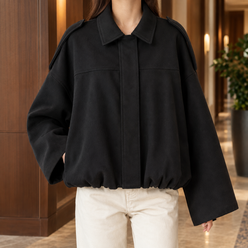 Blouson Jacket Faux Suede with Concealed Zip and Gathered Hem