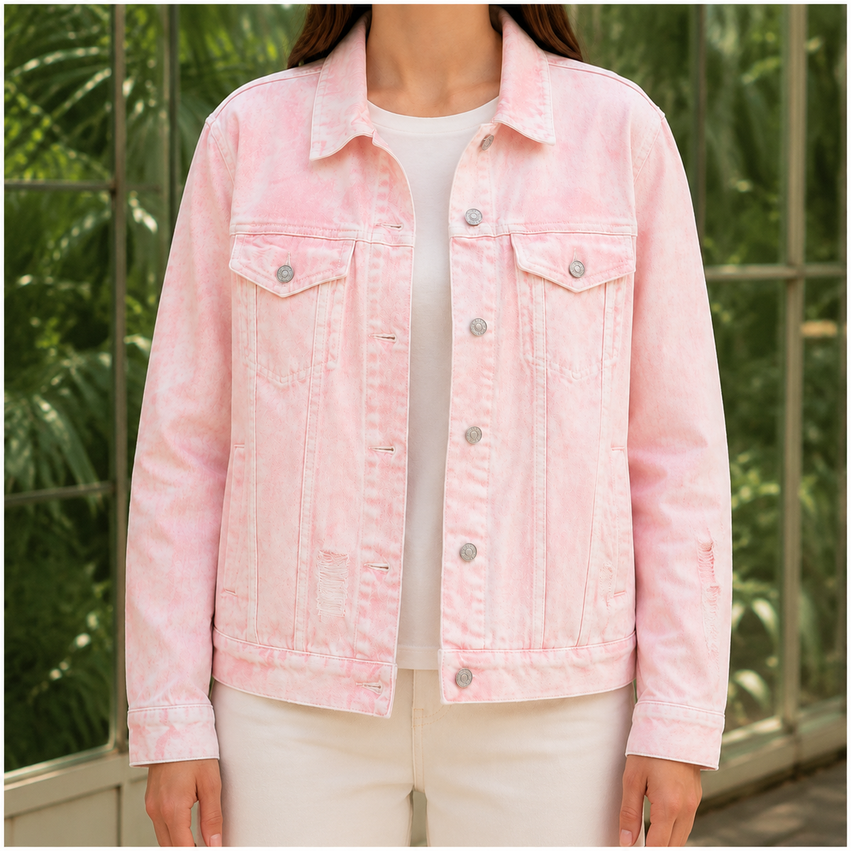 Trucker Jacket Washed Cotton Blend with Pointed Collar and Pockets