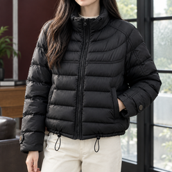 Quilted Jacket Duck Down Cropped with High Collar and Drawcord Hem
