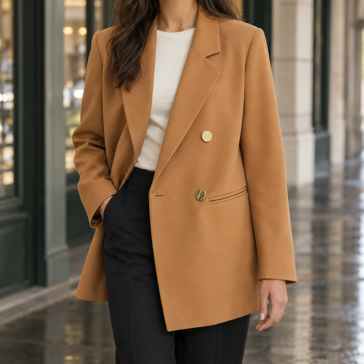Blazer Polyester Longline with Wide Lapels and Metallic Buttons